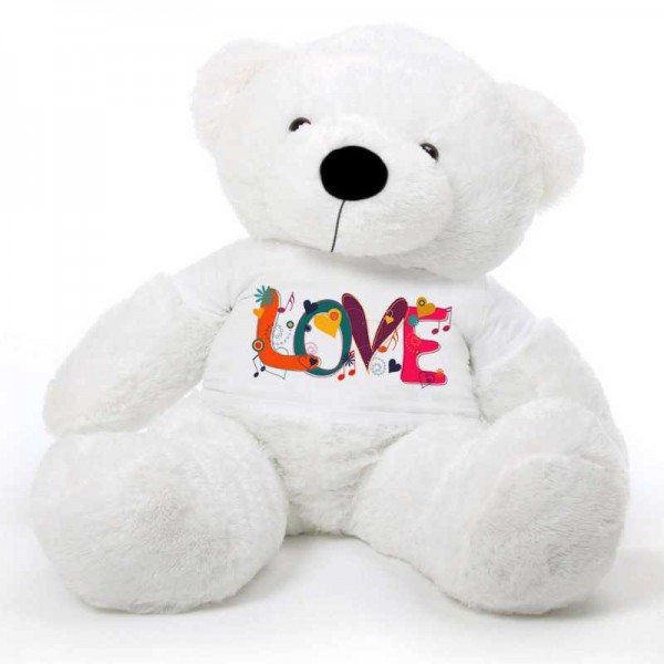 White 5 feet Big Teddy Bear wearing a Beautiful Love Design T-shirt